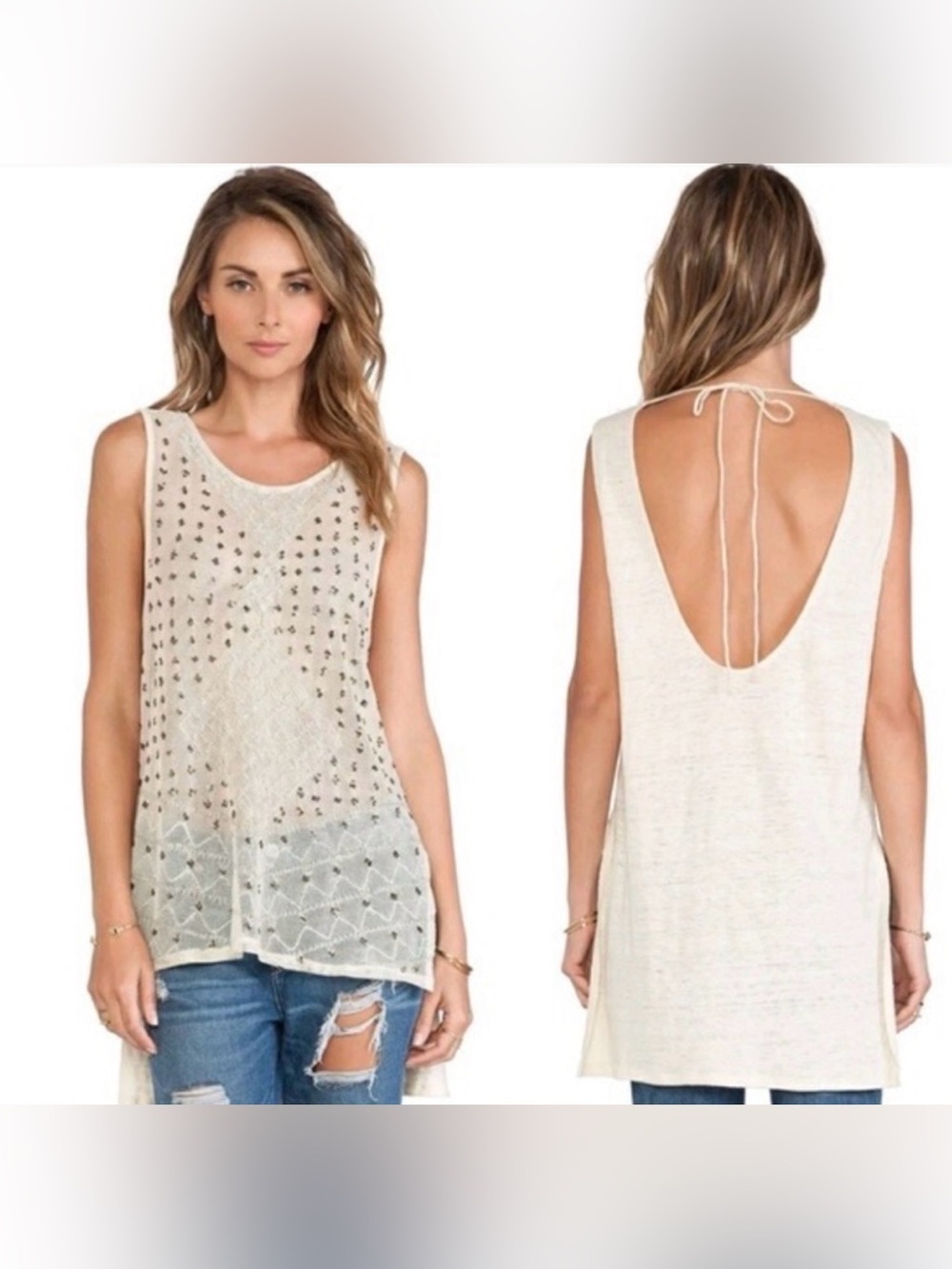 FREE PEOPLE Md Boho Meah Linen Coastal Capsule Sequins Open Back Cut Out Tunic